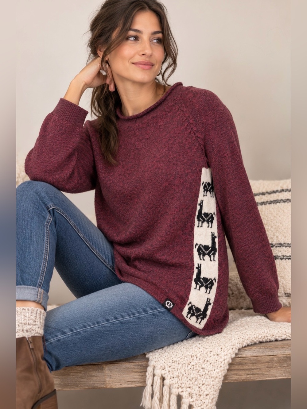 PAKA Maroon Marled Alpaca & Merino Wool Sweater w Handmade Llama Side Panel - M